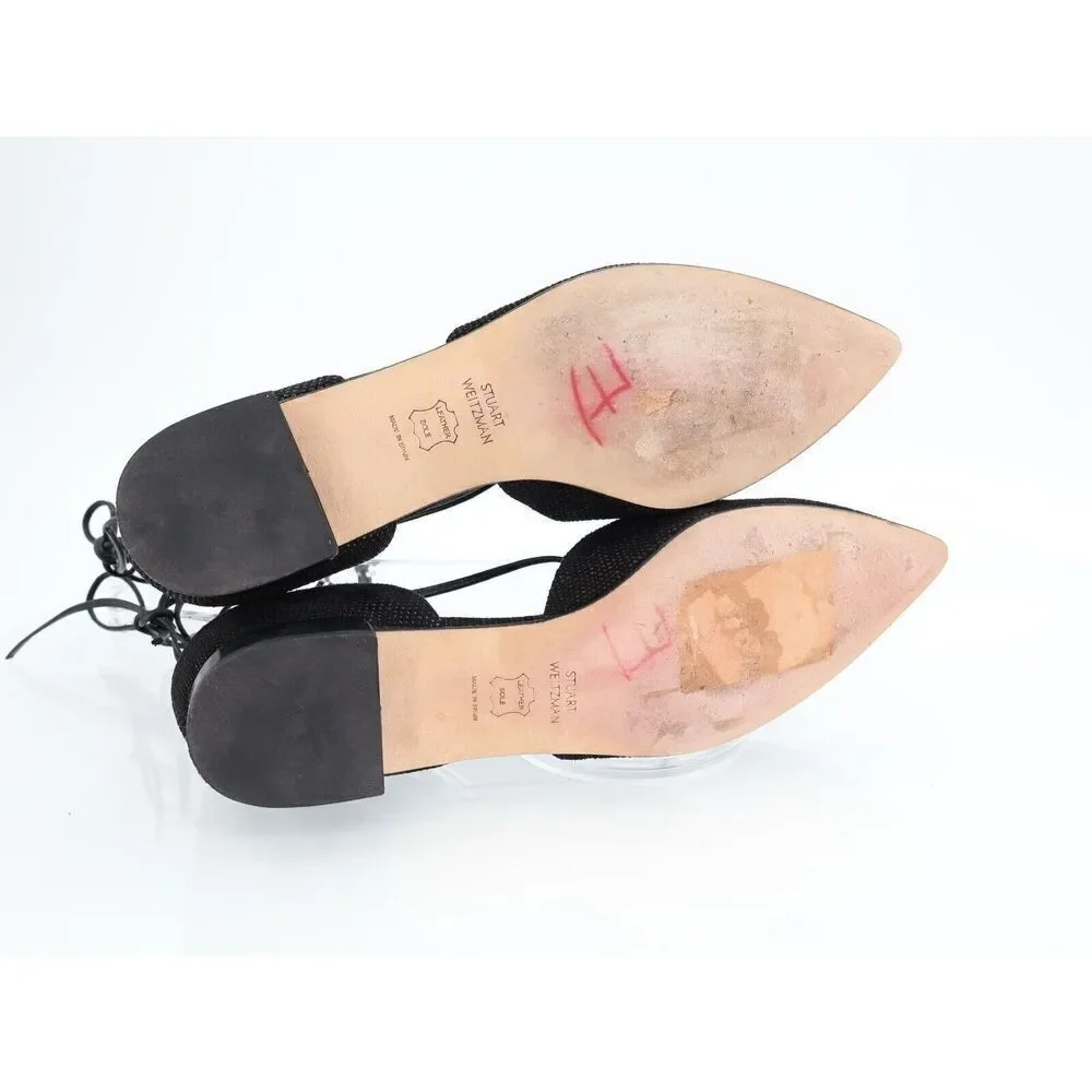 Stuart Weitzman Gilligan Ballet Flats Lace Up Pointed Toe Black Size 6 M Leather